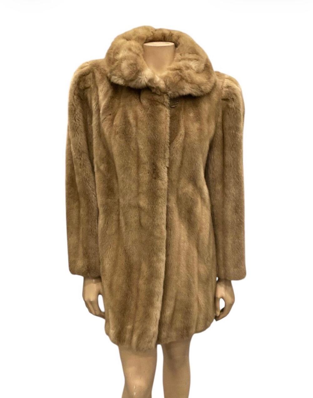 Vintage 70s Sears Faux Mink Fur Coat Womens 12 ILGWU Union Made USA Brown Glam